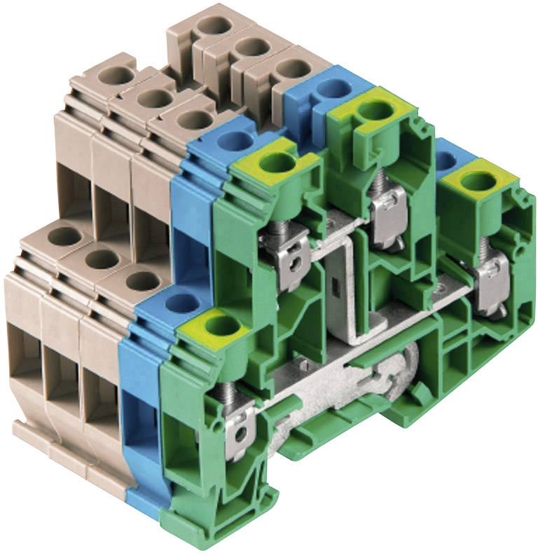 Mehrpolige Klemmenblock-Anordnung in grün, blau und grau, geeignet für elektrische Verbindungen in industriellen Anwendungen.