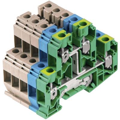 Mehrpolige Klemmenblock-Anordnung in grün, blau und grau, geeignet für elektrische Verbindungen in industriellen Anwendungen.