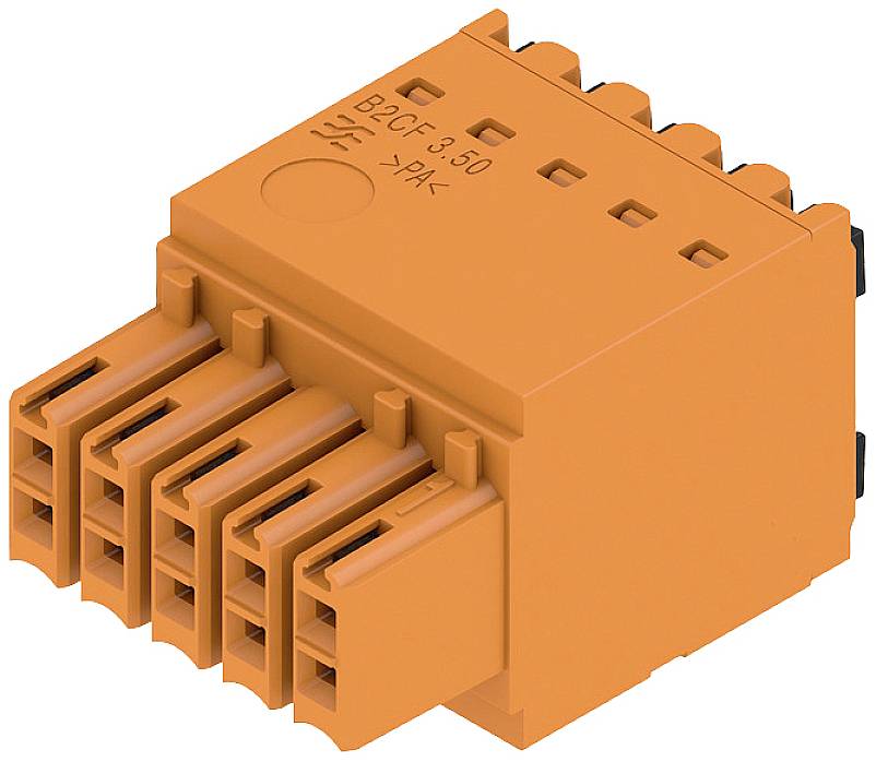 Oranger Steckverbinder mit mehreren Steckplätzen und Beschriftung 'B2CF 3.50'. Verwendungszweck: elektrische Verbindung.