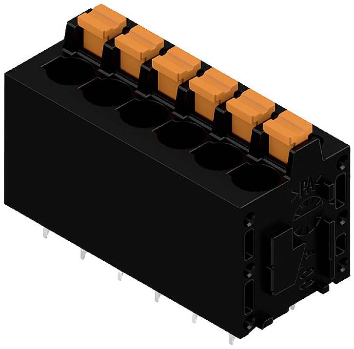 Ein schwarzer Steckverbinder mit acht orangenen Hebelklemmen, geeignet für Leiterplattenmontage in elektronischen Anwendungen.