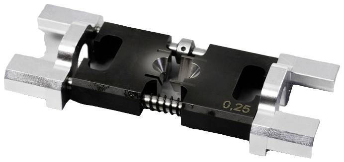 Metallschieber mit Federmechanismus, schwarz und silber, markiert mit '0,25'. Hauptkomponente für Maschinen- oder Gerätebau.
