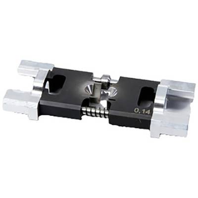 Ein industrielles Metallelement mit einer schwarzen Basis und silbernen Enden. Zeigt eine Feder und eine Gravur '0,14'.