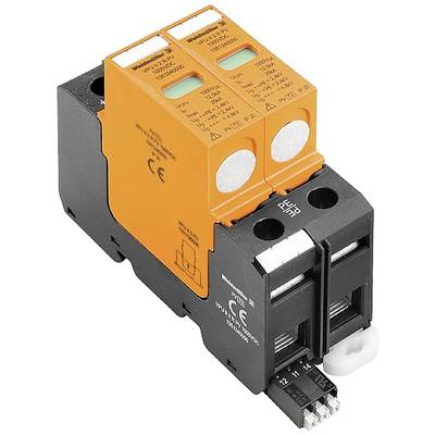 Ein Überspannungsschutzgerät mit zwei orangefarbenen Modulen und schwarzen Basis, gekennzeichnet mit technischen Spezifikationen und CE-Marke.