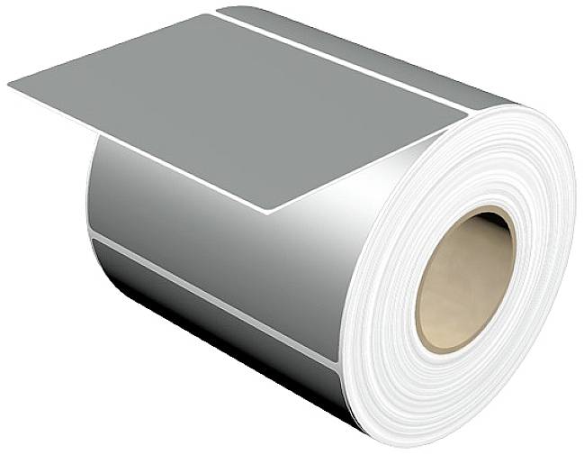 Rolle aus silbrigem Metallband mit glatter Oberfläche und rechteckigem Abschnitt, der zur Demonstration geöffnet ist.