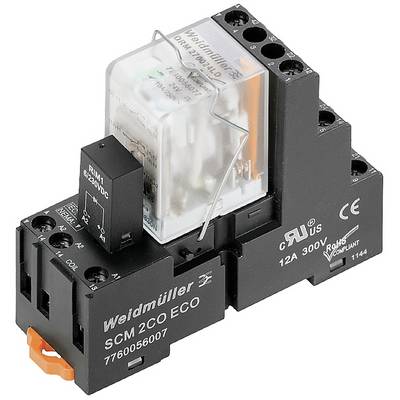 Ein schwarzes elektrisches Relaismodul der Marke Weidmüller, Modell 'SCM 2CO ECO', 12A, 300V, mit transparentem Gehäuse sichtbar.