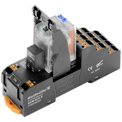 Weidmüller Relaismodul mit klarer Kunststoffabdeckung und orangefarbenen Anschlüssen. Geeignet für 6A, 300V Anwendungen.