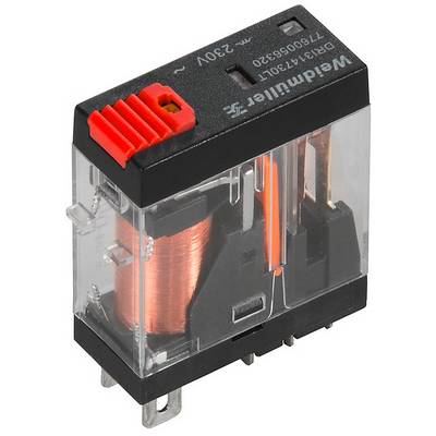 Ein transparentes Relais mit rotem Aktivierungsschalter und Aufdruck 'Weidmüller', geeignet für eine Spannung von 230V.