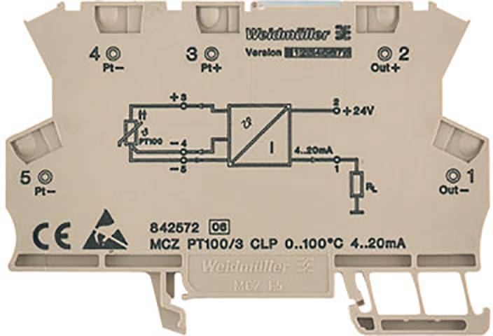 Ein Weidmüller-Sensor-Modul mit Schaltplan und Anschlüssen. Zeigt Verdrahtungsskizze für 4-20 mA Stromschleife und Temperaturfühler.