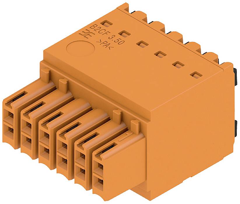 Orange Kunststoffstecker mit mehreren Anschlussöffnungen, rechteckige Form, für elektrische Verkabelungen geeignet.