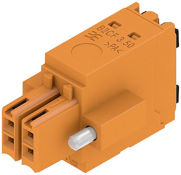 Eine orangefarbene elektrische Steckverbindung mit der Beschriftung 'B2CF-3.50'. Sie hat mehrere Anschlussstellen und einen runden Einsatz.