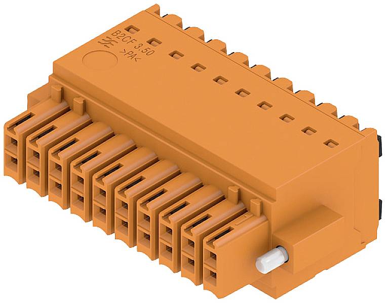 Ein orangefarbener Steckverbinder mit mehreren Anschlussbuchsen, geeignet für industrielle Anwendungen. Hauptsächlich für elektrische Verbindungen.