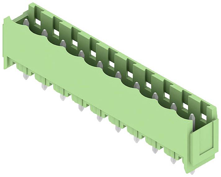 Grüner Steckverbinder mit mehreren Anschlussklemmen; horizontale Ausrichtung, zur Platinenmontage geeignet.
