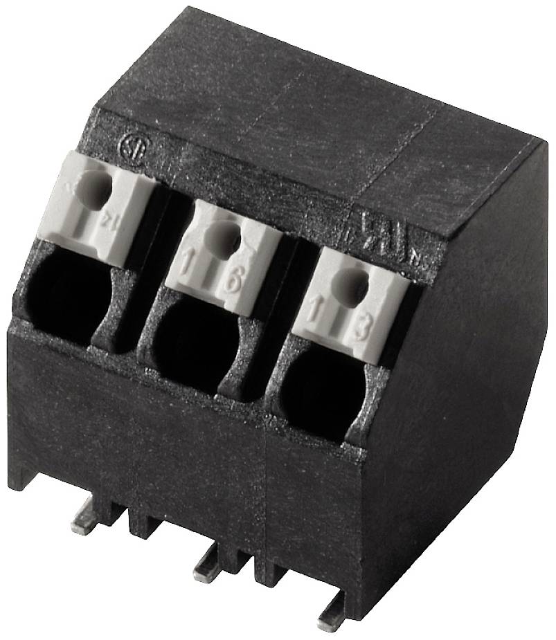 Ein dreipoliger schwarzer Steckverbinder mit nummerierten Klemmen 1 bis 3. Er hat Metallstifte an der Unterseite für die Leiterplattenmontage.