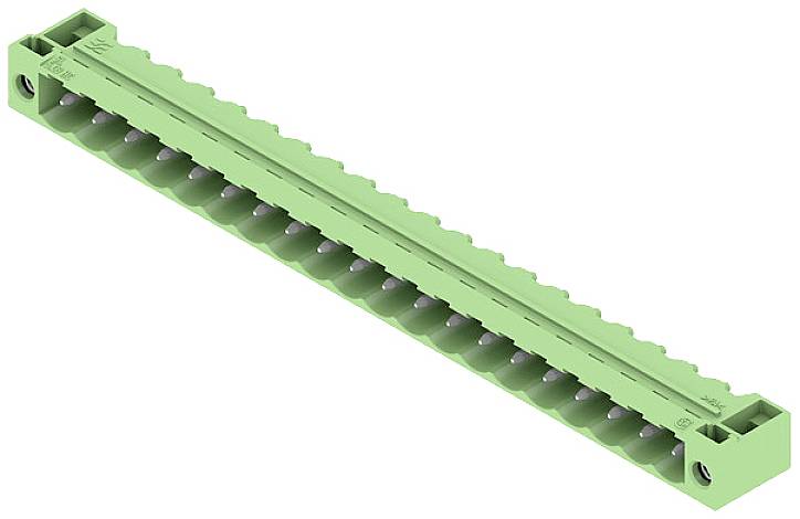 Ein grüner, länglicher Steckverbinder mit mehreren Anschlussklemmen, verwendet in elektrischen Schaltschränken zur Verdrahtung.