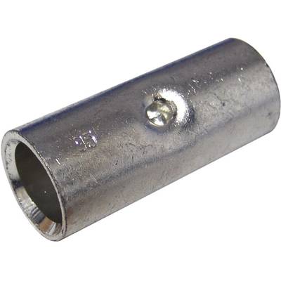 Metallische Rohrklemme, zylindrische Form, glatt, Silberfarbe. Used for connecting pipes in plumbing or electrical systems.