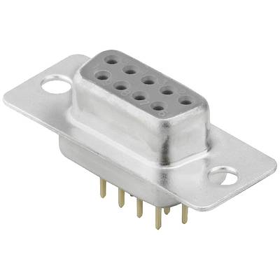 Metallischer Stecker mit neun Pins in einer D-förmigen Steckdose für elektronische Verbindungen, vor weißem Hintergrund.