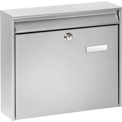 Silberner Briefkasten aus Metall mit Schloss und einem Sichtfenster für Namensschild.
