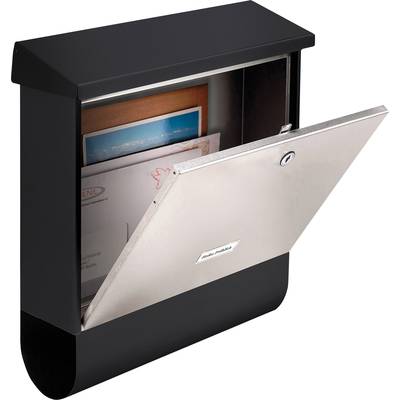 Ein geöffneter schwarzer Briefkasten mit sichtbaren Briefen und einer Broschüre im Inneren.