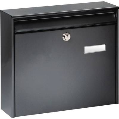 Schwarzer Briefkasten aus Metall mit Schlüsselloch und Sichtfenster für Namensschild.