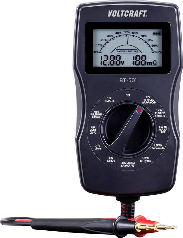 VOLTCRAFT Batterietester BT-501 Messbereich (Batterietester) 1,2 V, 1,5 V, 3 V, 6 V, 3,7 V, 9 V, 12 V Batterie, Akku BT-501