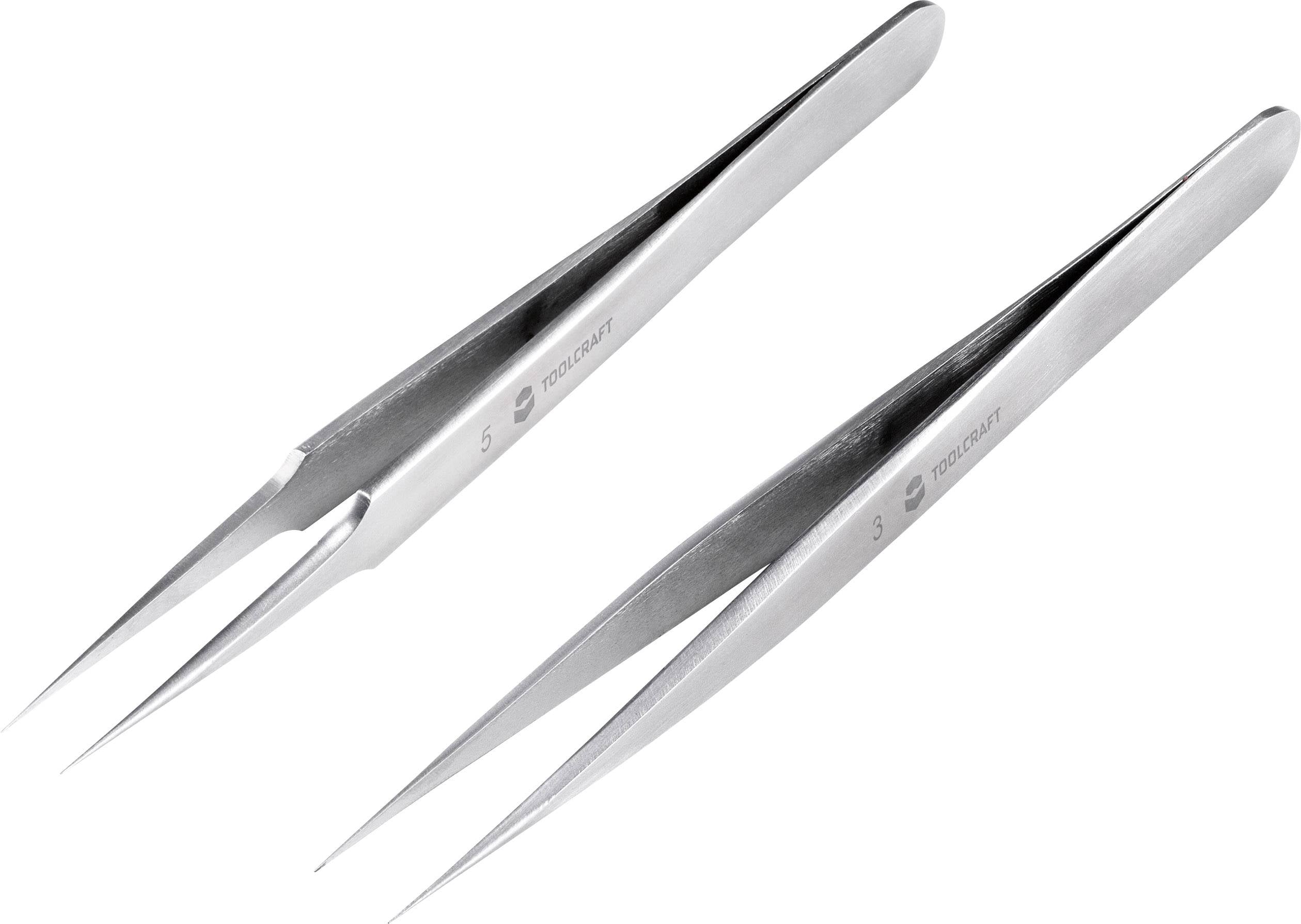 Zwei silberne Präzisionspinzetten mit spitzen Enden, die leicht geöffnet sind. Geeignet für feine Arbeiten oder Elektronikmontage.