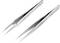 Zwei silberne Präzisionspinzetten mit spitzen Enden, die leicht geöffnet sind. Geeignet für feine Arbeiten oder Elektronikmontage.