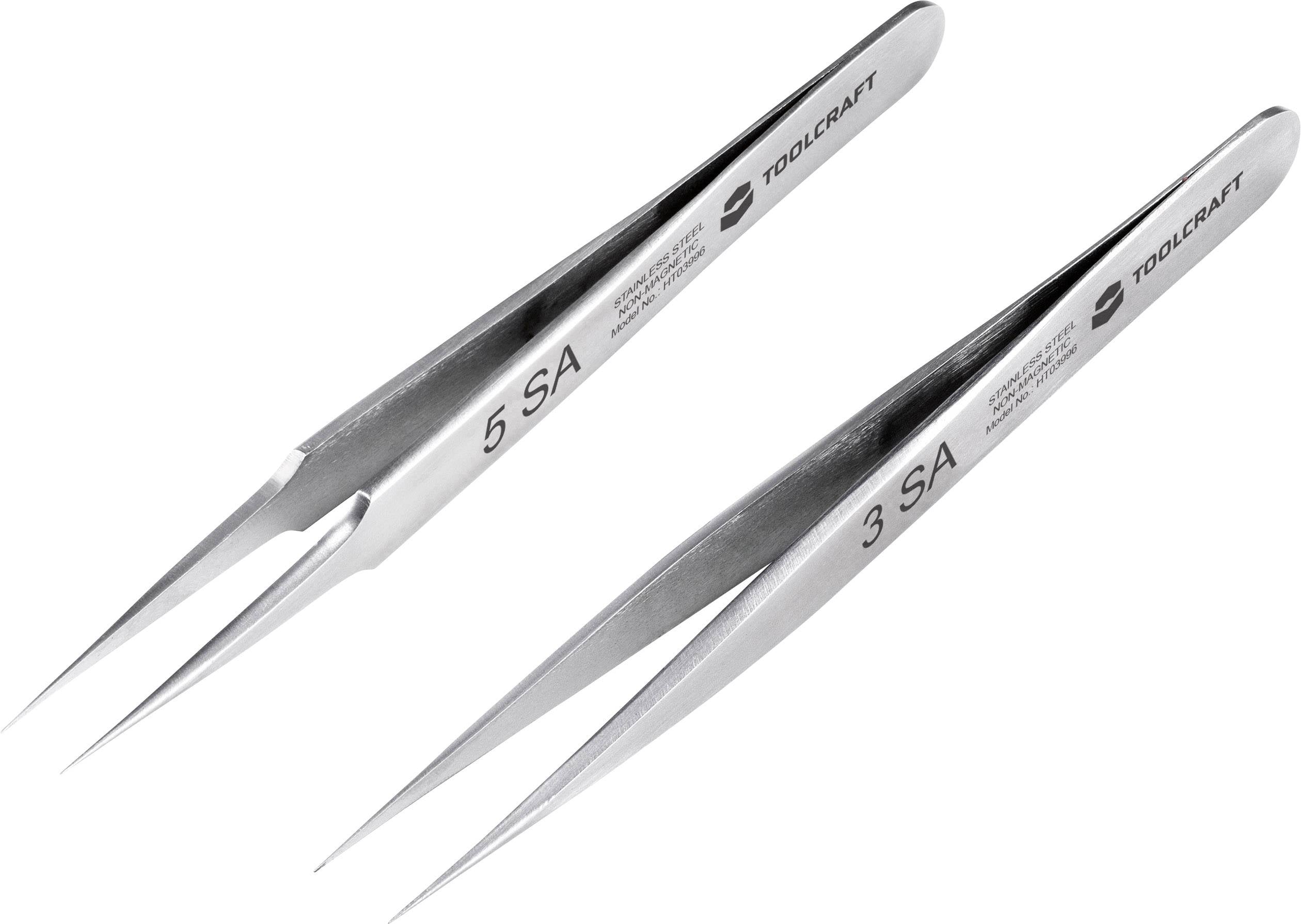 Zwei spitze Pinzetten aus Metall mit den Aufschriften '5 SA' und '3 SA'. Sie sind aus Edelstahl und werden für präzise Arbeiten verwendet.