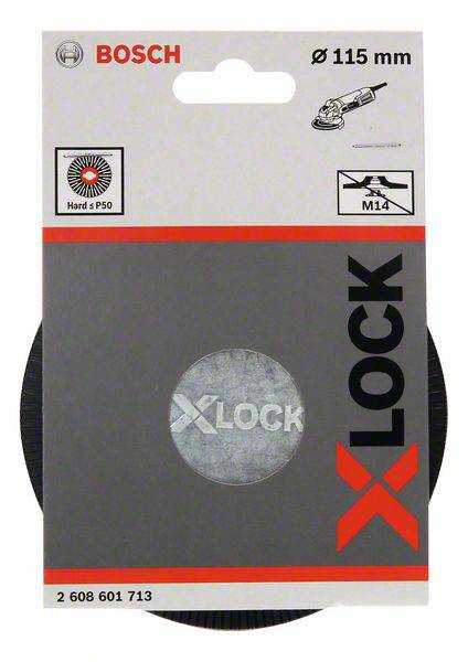 Verpackung für Bosch X-LOCK Schleifscheibe, Durchmesser 115 mm. Oben links Bosch-Logo, oben rechts Zeichnung eines Winkelschleifers.