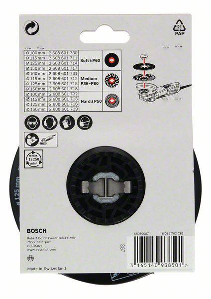 Verpackung eines Schleifteller-Sets der Marke Bosch. Zeigt drei Härtestufen: Soft, Medium, Hard. Details zur Verwendung und Produktspezifikationen.