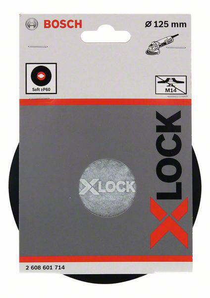 'Schleifscheibe für Winkelschleifer, Bosch X-LOCK, Durchmesser 125 mm, Körnung P60. Verpackung zeigt die Scheibe und Befestigungshinweise.'