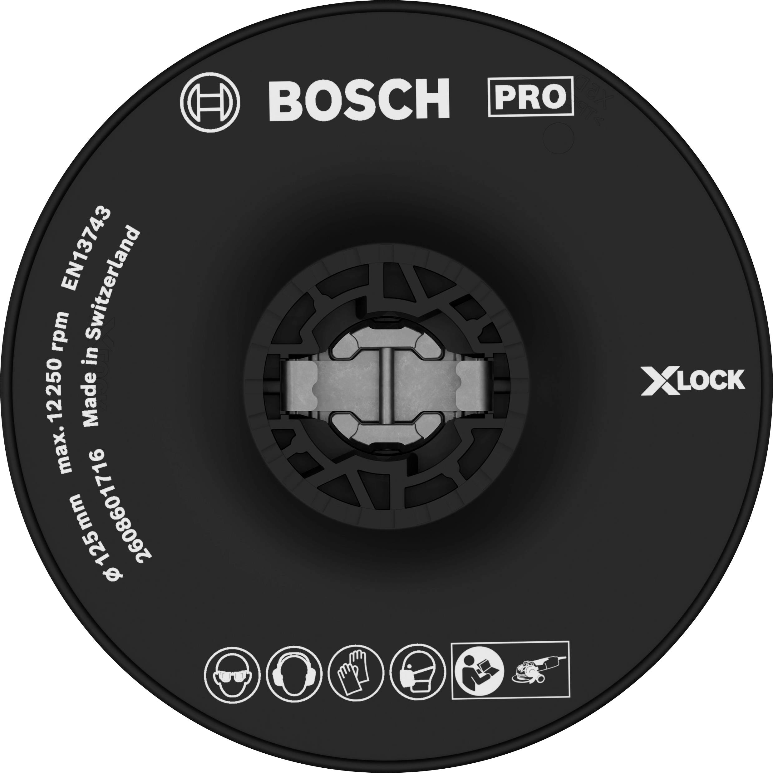 Schwarze Bosch Pro Trennscheibe mit X-Lock-System, Durchmesser 125 mm. Markierungen: 'max. 12250 rpm', 'Made in Switzerland'.