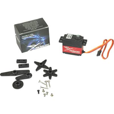 RC-Servo-Motor-Set: AM Racing Digitalservo mit Kabel, vier Ruderhörner, Schrauben und Kleinteile. Verpackung im Hintergrund.