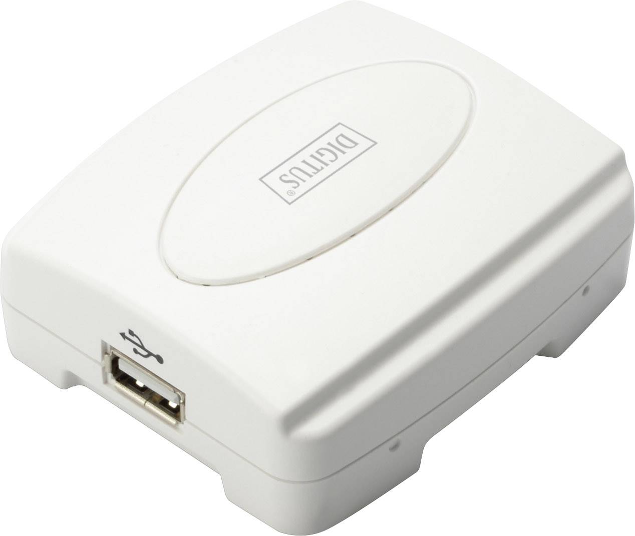 Ein weißes elektronisches Gerät mit USB-Anschluss, Markenname 'Dignus' auf der Oberseite.