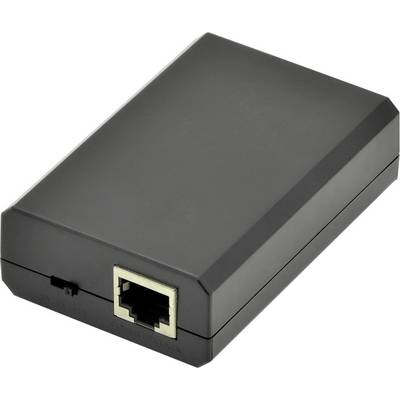 Schwarzes Netzteilgehäuse mit einem Ethernet-Anschluss, geeignet zur Stromversorgung von Geräten über ein Netzwerkkabel.