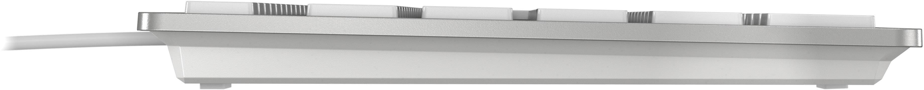 Seitliche Ansicht einer silbernen Computertastatur mit erhöhten Tasten und einem Kabel auf der linken Seite.