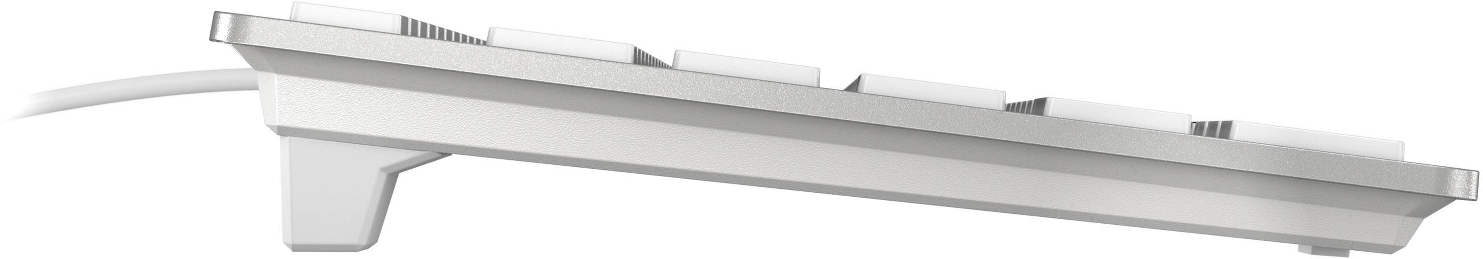 Seitliche Ansicht einer kompakten, weißen Tastatur mit flachem Profil und nach rechts ausgehenden Kabel.