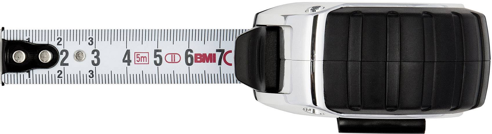 Maßband mit einer Länge von 5,5 cm, ausgerollt. Gehäuse ist silber-schwarz.