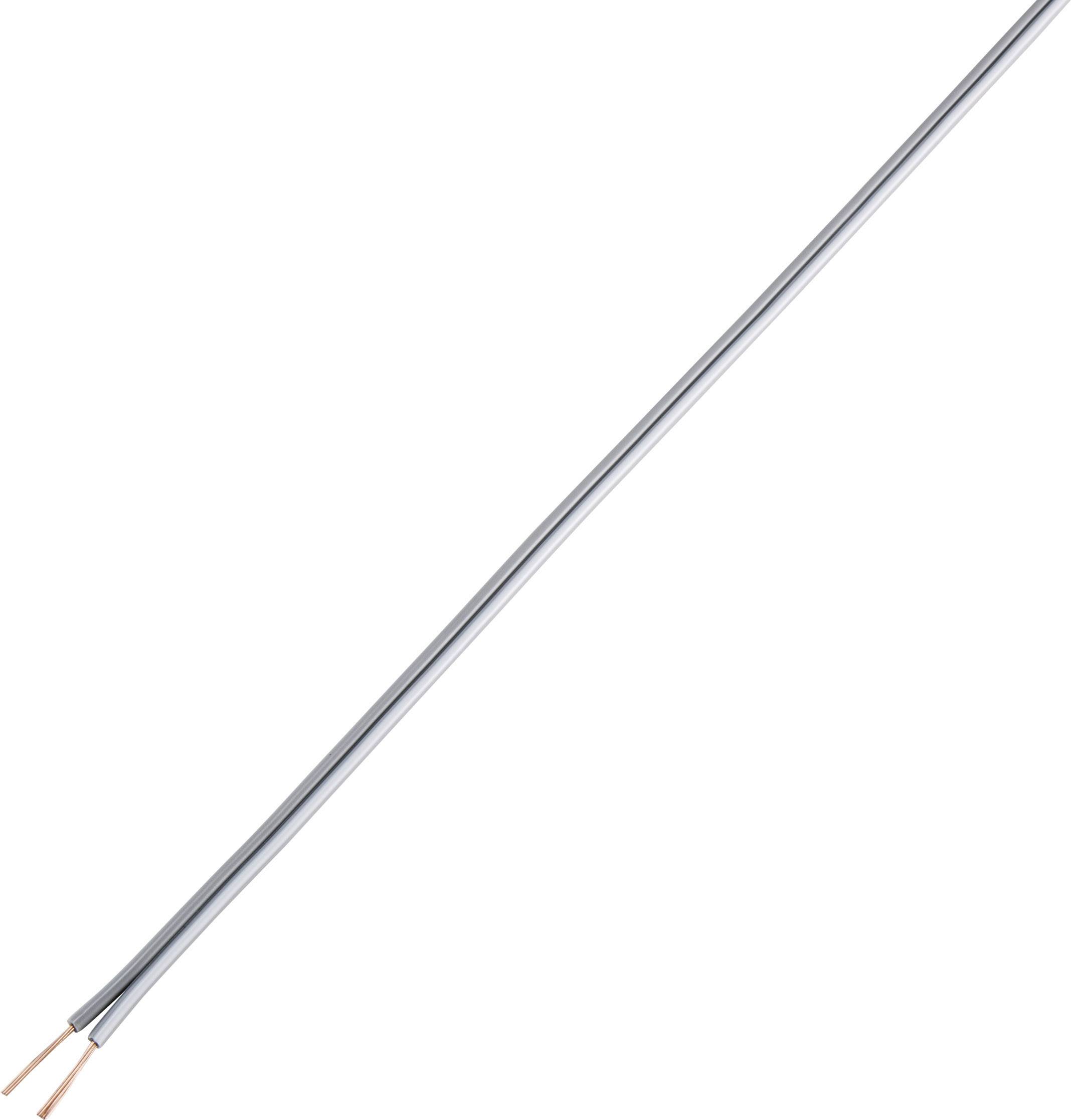 Ein graues, zweiadriges Kabel mit freiliegenden Kupferdrähten an einem Ende, ideal zur elektrischen Verkabelung oder für Lautsprecher.