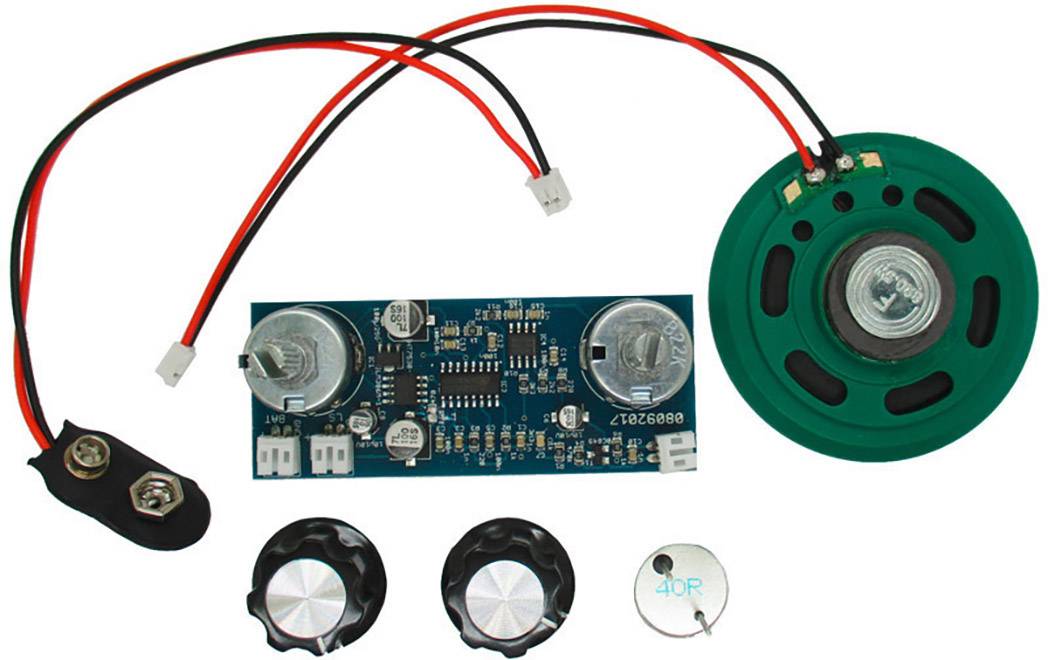 Elektronikbausatz mit Lautsprecher, Platine, Batterieclip und Drehknöpfen. Enthält mehrere Komponenten zur Schallverstärkung.
