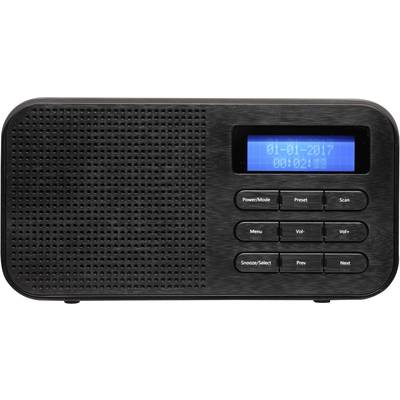 Ein schwarzgraues, tragbares Digitalradio mit Display und Funktionstasten auf der rechten Seite. Das Display zeigt '01-01-2017, 00:02:17'.