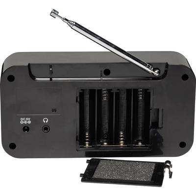 Schwarzes elektronisches Gerät von unten, Batteriefach offen, vier leere Slots, entfernte Abdeckung daneben, herausgezogene Antenne oben.