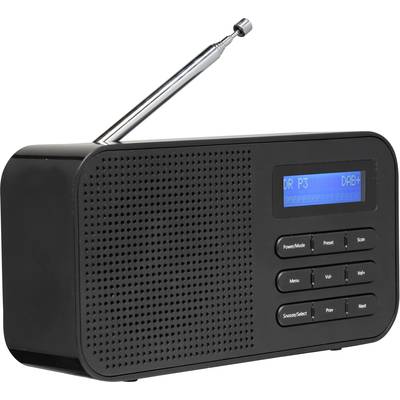 Ein schwarzes tragbares DAB-Radio mit ausgezogener Antenne. Auf dem Display steht 'DR P3 To...band | DAB+' mit mehreren Bedienknöpfen.