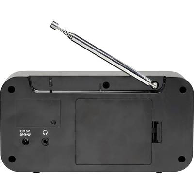 Rückansicht eines schwarzen Geräts mit einer ausgezogenen Metallantenne und einer DC 5V-Eingangsbuchse.