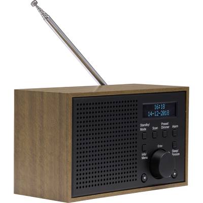 Ein Retro-Radio mit Holzkorpus und ausziehbarer Antenne zeigt auf einem Display die Uhrzeit 16:18 und das Datum 14-12-2018 an.