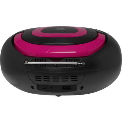 Ein runder, pinkfarbener Staubsaugerroboter auf weißem Hintergrund. Vorderseite zeigt Lüftungsöffnungen und Steckplätze.