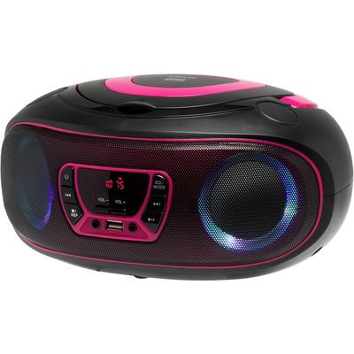 Schwarzes und pinkes tragbares Radio mit Lautsprechern und digitalem Display in der Mitte. USB-Anschluss und Steuerungstasten sichtbar.