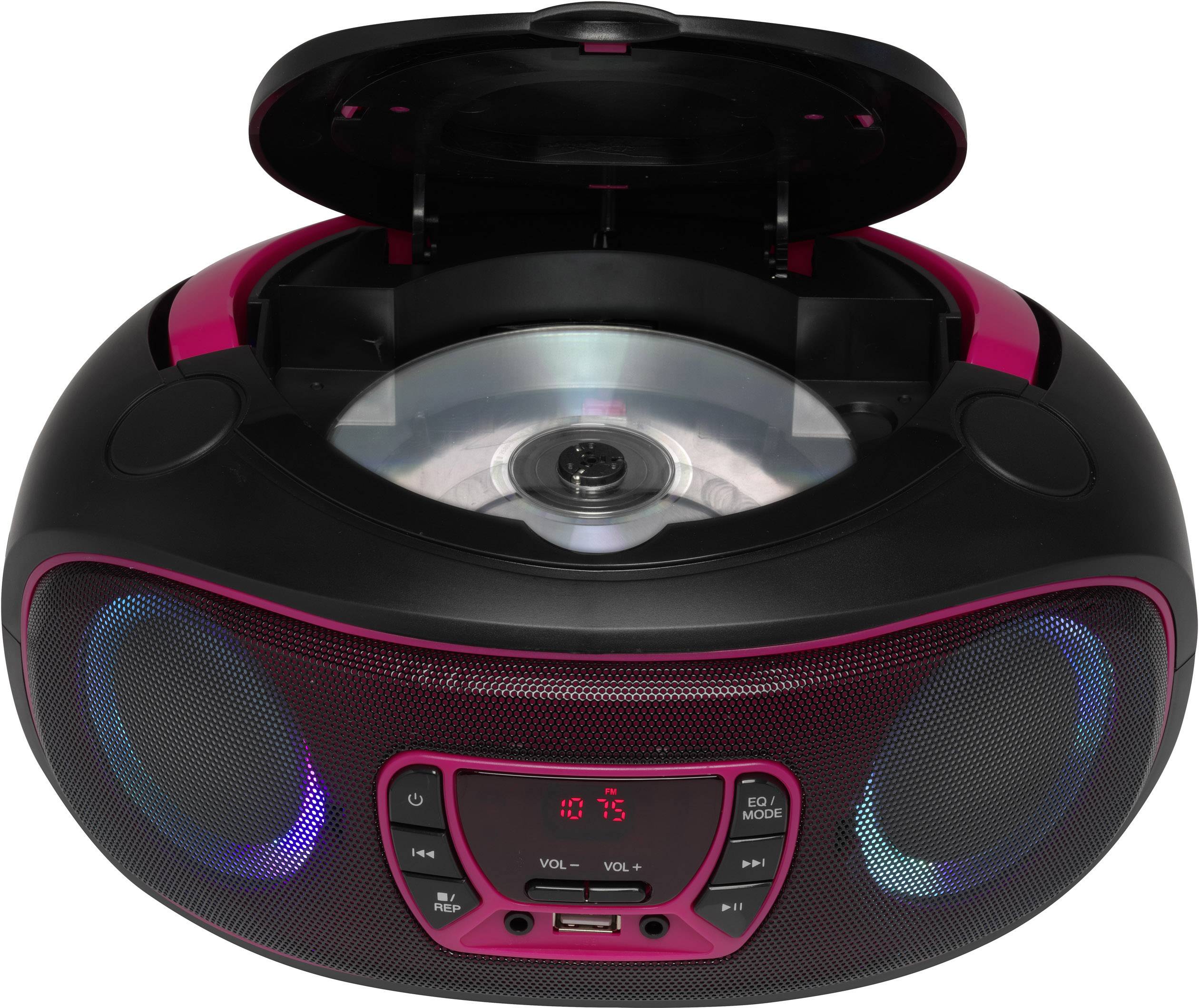 Tragbarer CD-Player in Schwarz und Pink mit geöffnetem CD-Fach. Vorderseite zeigt Bedienelemente und Lautsprecherabdeckung.