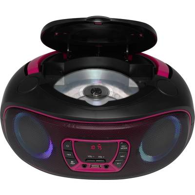 Tragbarer CD-Player in Schwarz und Pink mit geöffnetem CD-Fach. Vorderseite zeigt Bedienelemente und Lautsprecherabdeckung.