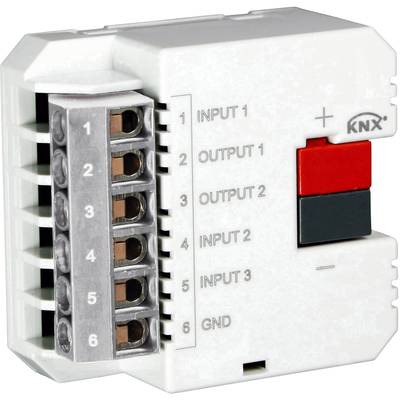 Ein weißer KNX-Schaltaktor mit Anschlüssen und Beschriftungen für 'Input 1', 'Output 1', 'Input 2', 'Output 2', 'Input 3', 'GND'.