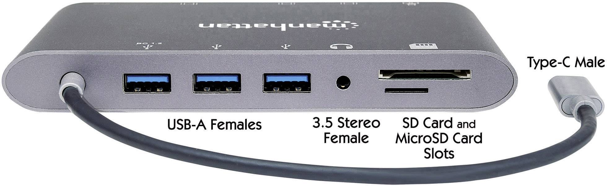 MANHATTAN USB-C 7-in-1-Dockingstation USB 3.1 Typ C auf HDMI Mini DP od VGA 3x USB Typ A 1x USB-C-PD